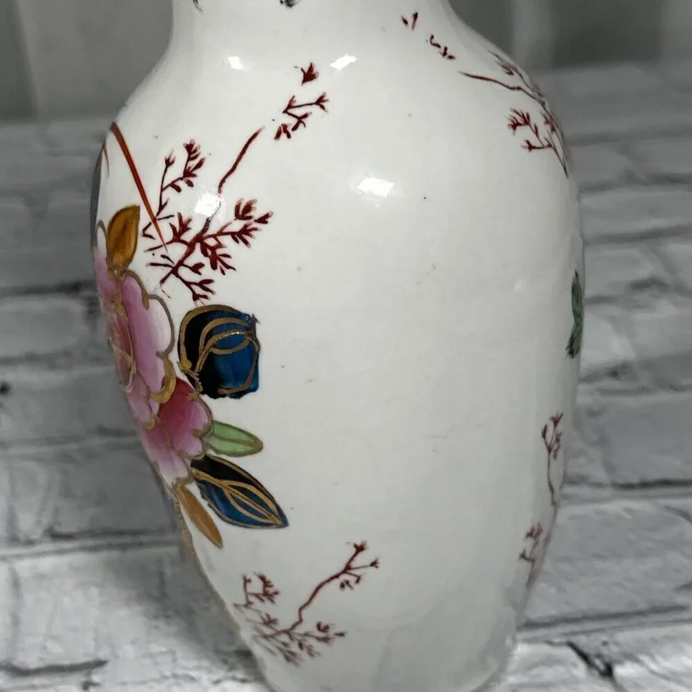 Vintage Floral Bird Hand Painted Chinese Porcelain Vase 8”